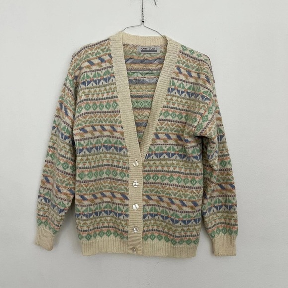 VTG Karen Scott Alpine Cardigan Women's Medium Cream Pastel V Neck Oversized - Picture 1 of 4